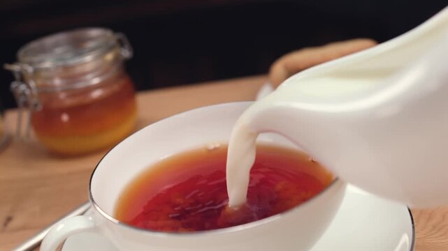 Cream pouring into hot tea creating soft swirl in white cup, copy space