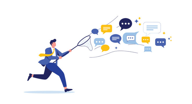 Businessman runs with a large butterfly net to catch floating speech bubbles containing various messages to represent feedback collection and data.