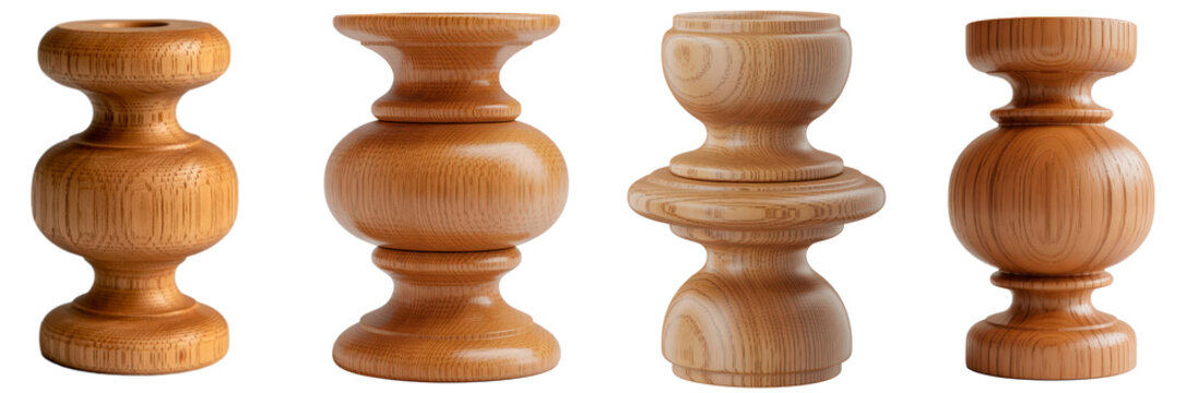 Collection of turned wooden furniture legs in various shapes and finishes isolated on transparent background.