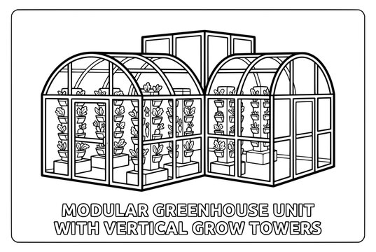 Modular greenhouse unit with vertical grow towers.