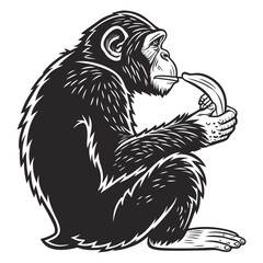 Naklejka premium Vector illustration of a chimpanzee sitting and eating a banana