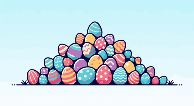 A pixel art pile of brightly colored, patterned Easter eggs against a light blue sky
