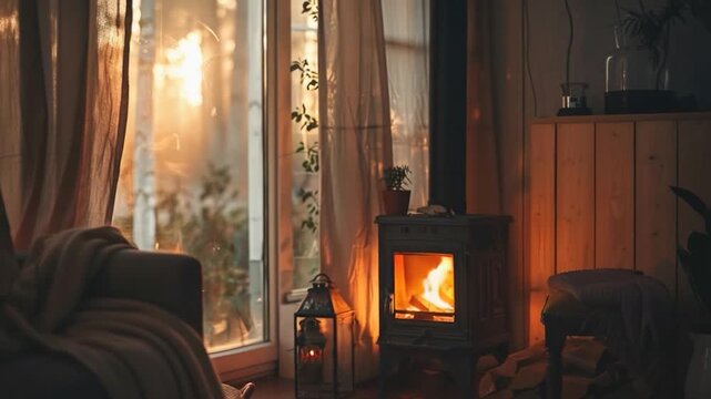 A cozy living room scene with a wood burning stove next to a window