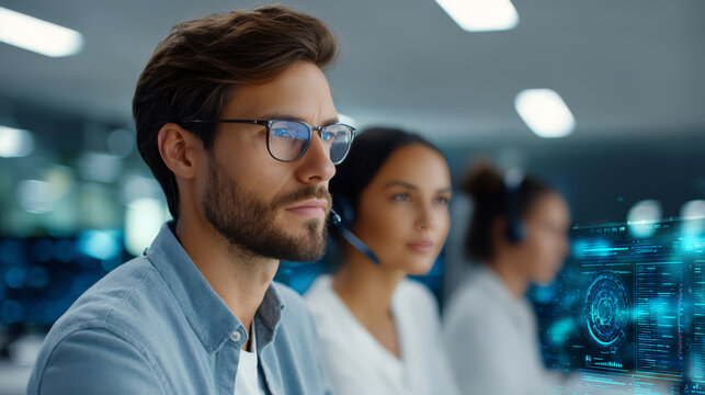 Focused young man in glasses working at a modern call center, using advanced technology and wearing a headset. Team of professionals providing customer support in a high tech office environment