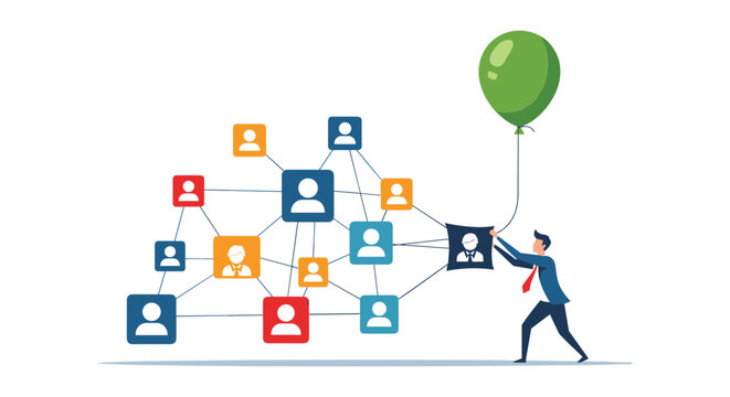 Innovative businessman uses a green balloon to lift a specific professional profile out of a complex network of connected social icons.