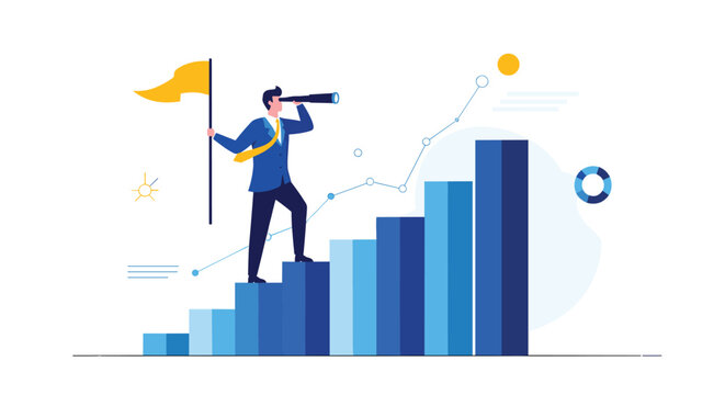 Visionary businessman standing on the highest bar of a growth chart holding a flag and looking through a telescope toward future prosperity.