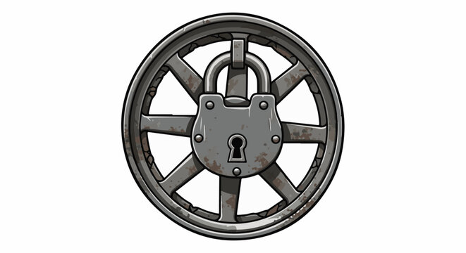 Old, rusty wheel locked with a vintage padlock on a white background