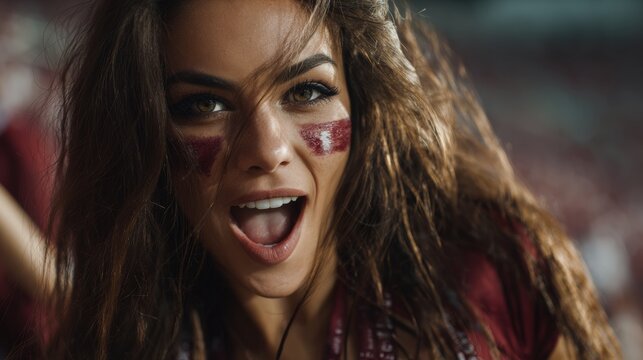 Euphoric woman in a football stadium with her face painted with the colors of the Qatari flag, cheering and supporting her team.