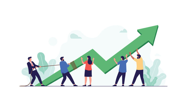 Diverse business team working together to lift and pull a giant green growth arrow upward, symbolizing collaborative effort for company success.