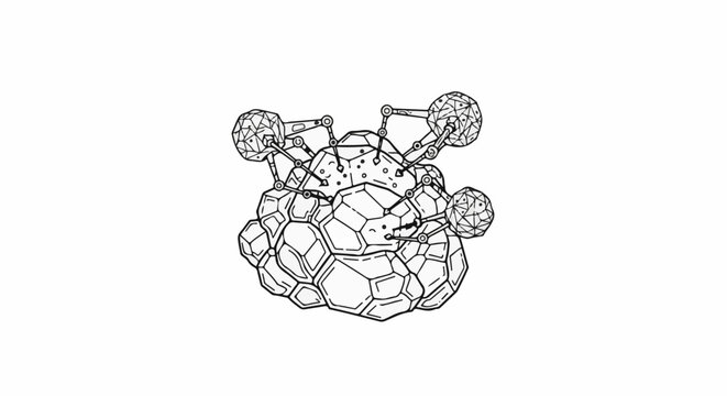 Intricate geometric cluster with connected spherical elements and articulated arms