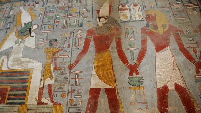 KV16 royal tomb of Ramesses I, Valley of the Kings, Luxor, Egypt, depicting processions of gods, mummiform figures and hieroglyphics on grey and golden walls.