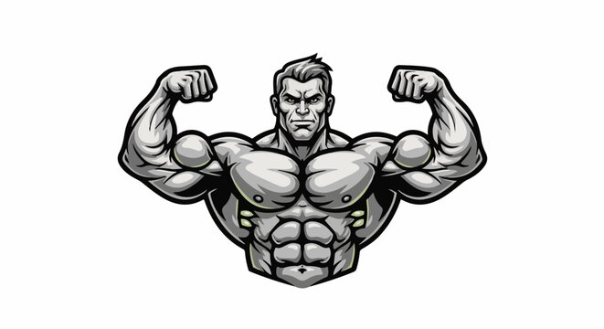 Muscular cartoon bodybuilder flexing arms, gray and black tones