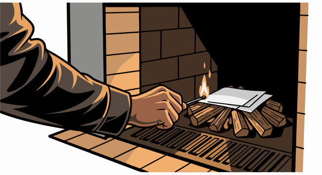 Hand lighting papers on fire in a brick fireplace with logs