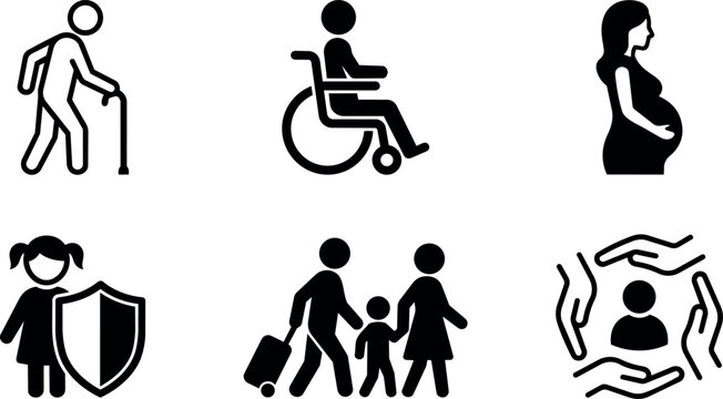 Black and white icons representing elderly disabled pregnant child protection family travel and community care