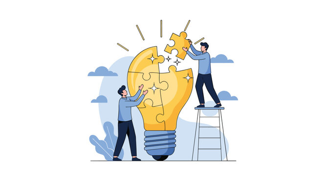 Two collaborators working together to complete a giant lightbulb puzzle symbolizing the power of teamwork in generating new creative ideas.