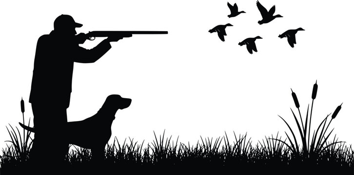 Man in a cap aiming a shotgun at flying ducks with a dog by his side in a grassy field
