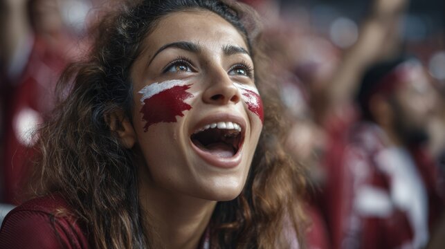 Euphoric woman in a football stadium with her face painted with the colors of the Qatari flag, cheering and supporting her team.