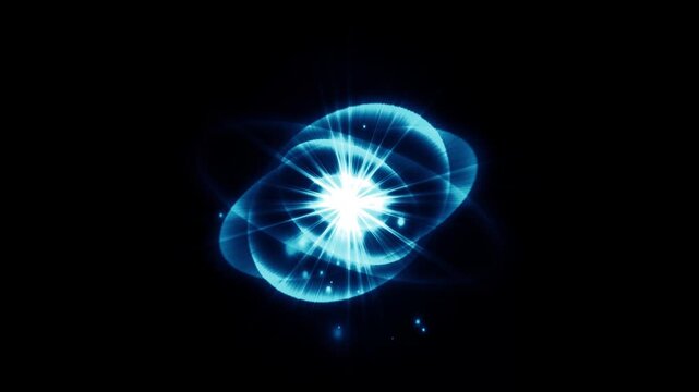 Futuristic atomic model animation with glowing blue electrons orbiting nucleus light burst in dark space science and technology concept