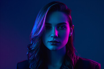 Fototapeta premium Portrait of a person with curly hair in colorful lighting at a studio during an evening session