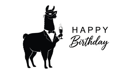 Elegant llama in a tuxedo holding a wine glass celebrating a birthday © Ajoy