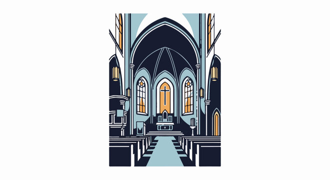Stylized interior of a grand church with a central cross