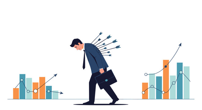 Sad businessman walking forward with multiple arrows stuck in his back while passing between rising and falling financial bar charts.