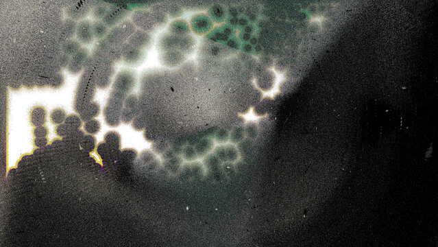 Abstract dark grainy texture, film burn effect, vintage grunge background, glowing microscopic cells, chemical light leak, artistic noise, cinematic overlay texture