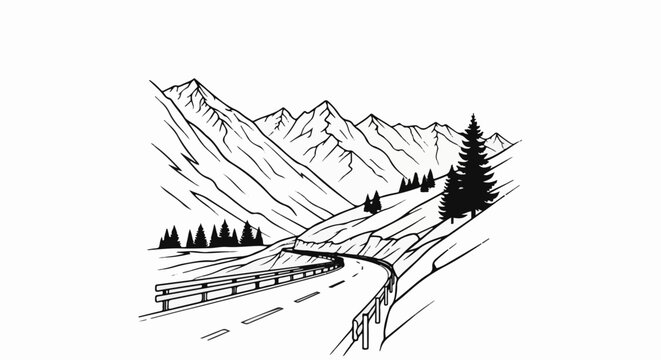 Winding mountain road with guardrails and evergreen trees