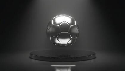 Fototapeta premium Floating Chrome Soccer Ball Above Black Podium Minimal Luxury Football Showcase Concept