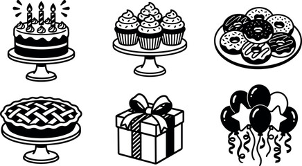 Fototapeta premium Birthday cake cupcakes pie gift box and balloons