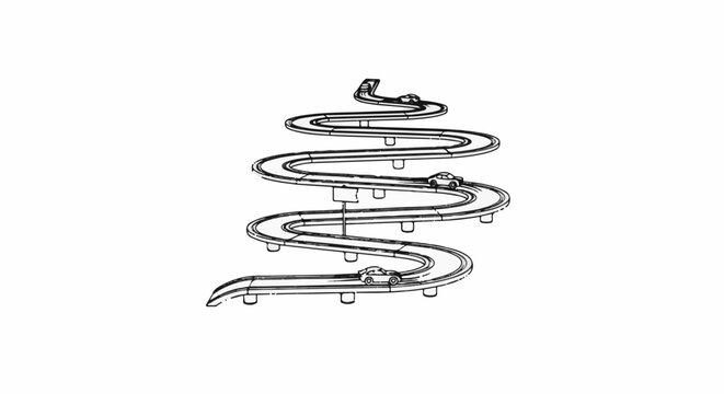 A spiraling multi-level track with cars moving along its curves