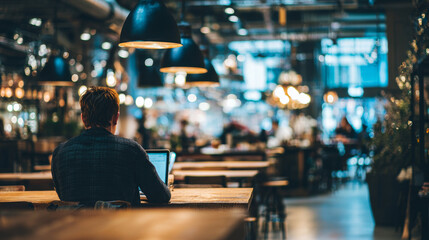 Obraz premium Modern coworking space with stylish industrial lighting and a relaxed atmosphere, featuring a person working on a laptop at a wooden table. Urban workspace concept for freelancers and remote workers
