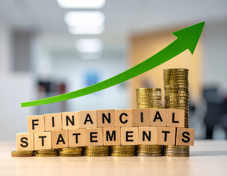 Holzklötze bilden das Wort "Financial Statements" auf Münzstapel , mit einen steigenden grünen Pfeil.