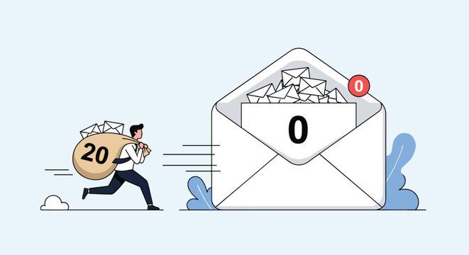Businessman carrying a heavy bag marked with the number twenty and containing envelopes toward a giant empty inbox, representing email overload.