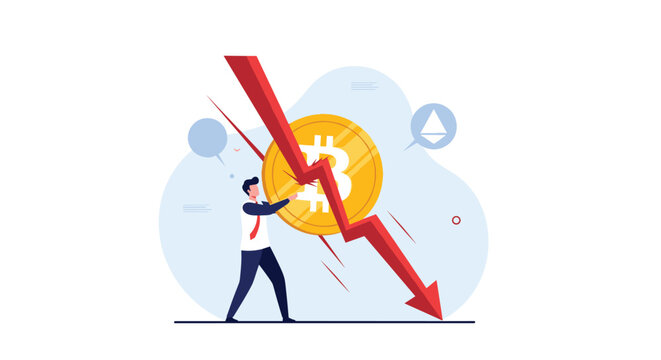 Resilient businessman fights against cryptocurrency market crash by pushing back a giant falling red arrow to save his financial investment.