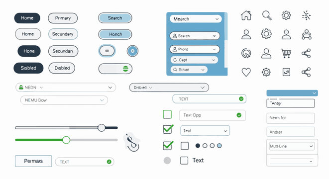 Collection of UI elements including buttons, dropdowns, sliders, icons, and input fields