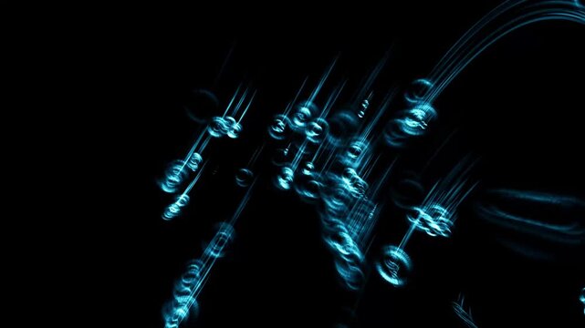 Futuristic digital cyberspace with abstract binary code data streams flowing through dark space 3 d animation with glowing neon blue