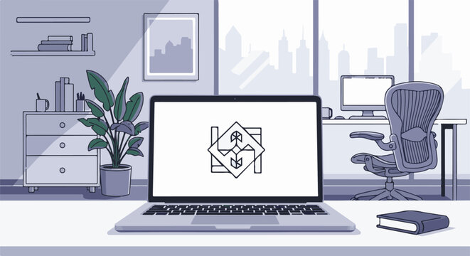 Minimalist office setup with laptop, desk, chair, plant, and city view