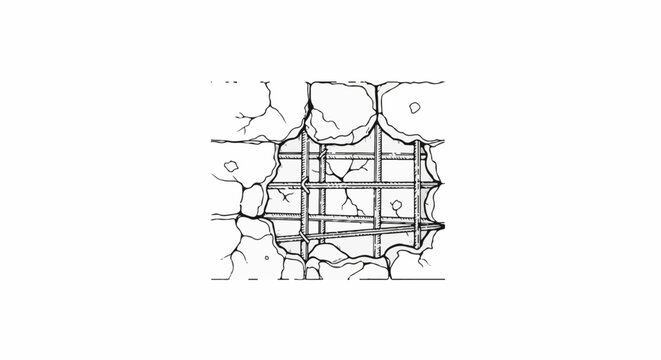 Cracked stone wall revealing exposed rebar and concrete reinforcement