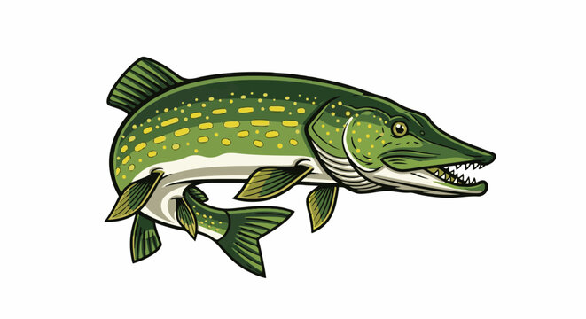 Fierce green predatory fish with sharp teeth and yellow spots swims right