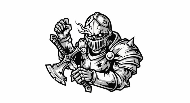 Gritty, battle-worn knight in armor wielding a formidable axe