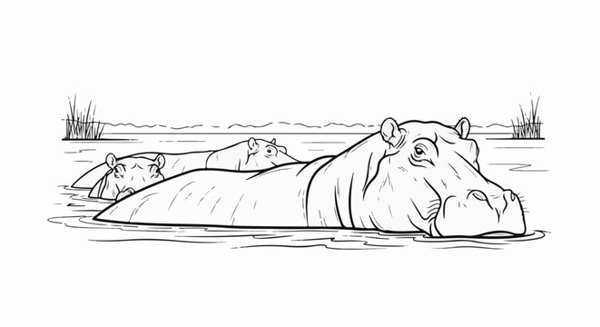 Three hippos partially submerged in water, with reeds in the background