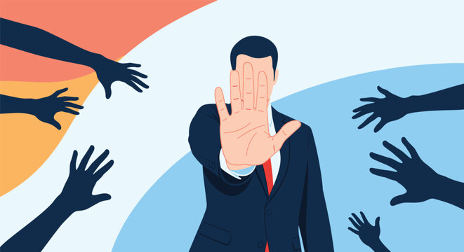 Firm businessman uses a stop hand gesture to reject numerous reaching shadow hands representing various social and professional demands or pressure.