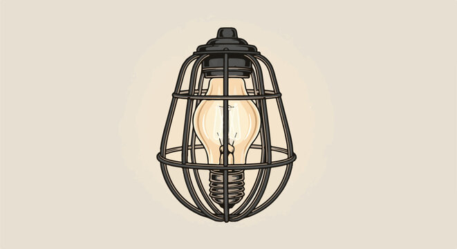 Industrial style caged incandescent light bulb on a neutral background