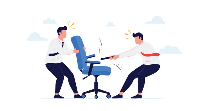 Two competitive businessmen engage in a physical struggle to claim a single blue office chair representing the intense rivalry in a modern workplace.