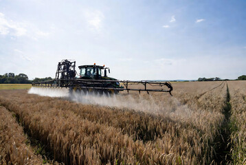 Fototapeta premium A tractor is spraying a wheat field. It’s taking place in an agricultural landscape under a blue sky.