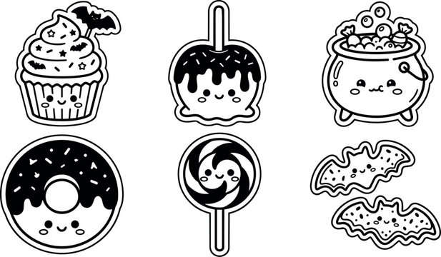Black and white cute halloween food icons with smiling faces in line art