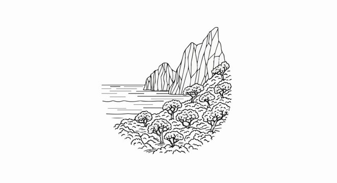 Stylized line art of rocky cliffs meeting trees and water in an oval shape