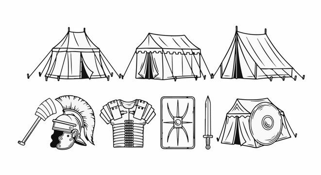 Vintage illustrations of ancient military tents, helmet, armor, sword, and shield