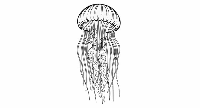 Delicate line drawing of a jellyfish with flowing tentacles against a white background